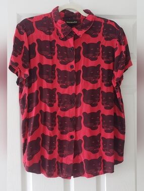 RARE Nooworks Joyce Panther Print Red & Black Button-Up Shirt XL